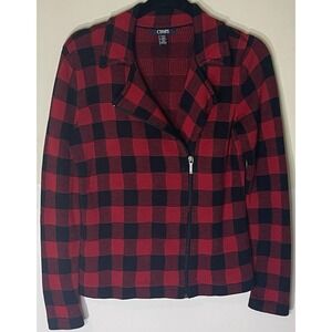 Chaps Women's Small Petite Buffalo Plaid Red Back Sweater Jacket‎ Moto Style